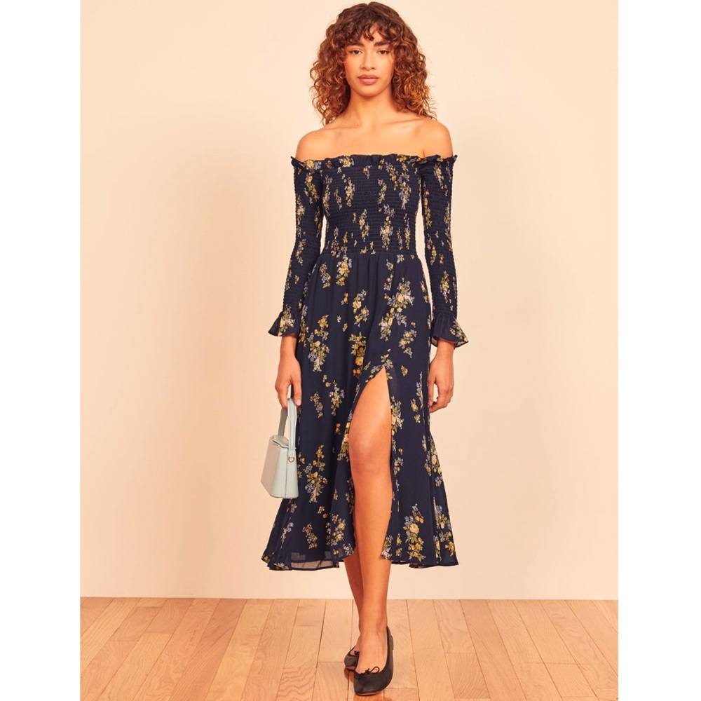 Reformation Navy Midi Dress with Yellow Floral Print
